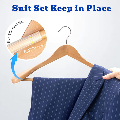 HOUSE DAY Wide Shoulder Wooden Hangers, Suit Hangers with Non Slip Pants Bar, Smooth Finish 360° Swivel Hook High-Grade Solid Wood Coat Hangers for Dress, Jacket, Heavy Clothes Hanger 6 Pack (Natural)