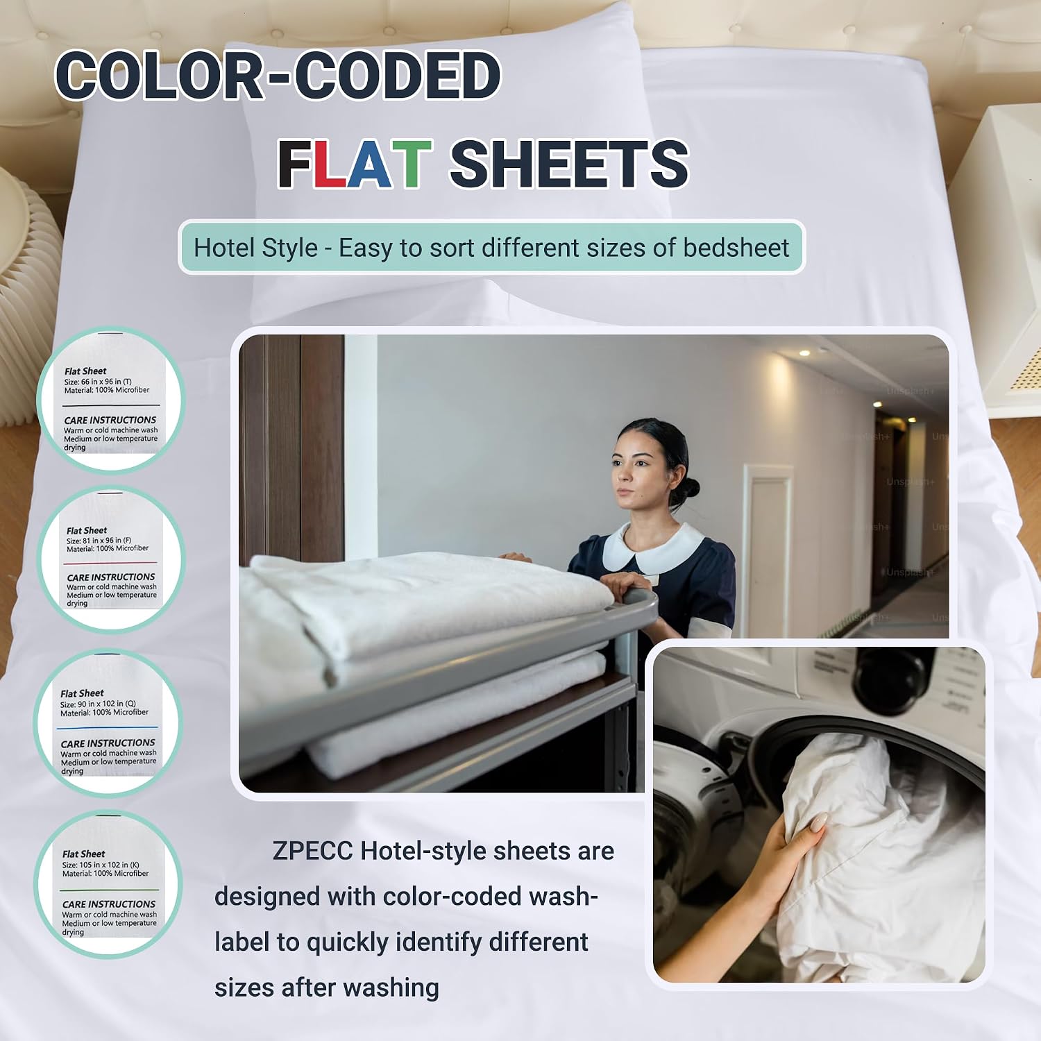 ZPECC King Flat Sheets Only Navy 1 Pack, Color-Coded Hem Threads