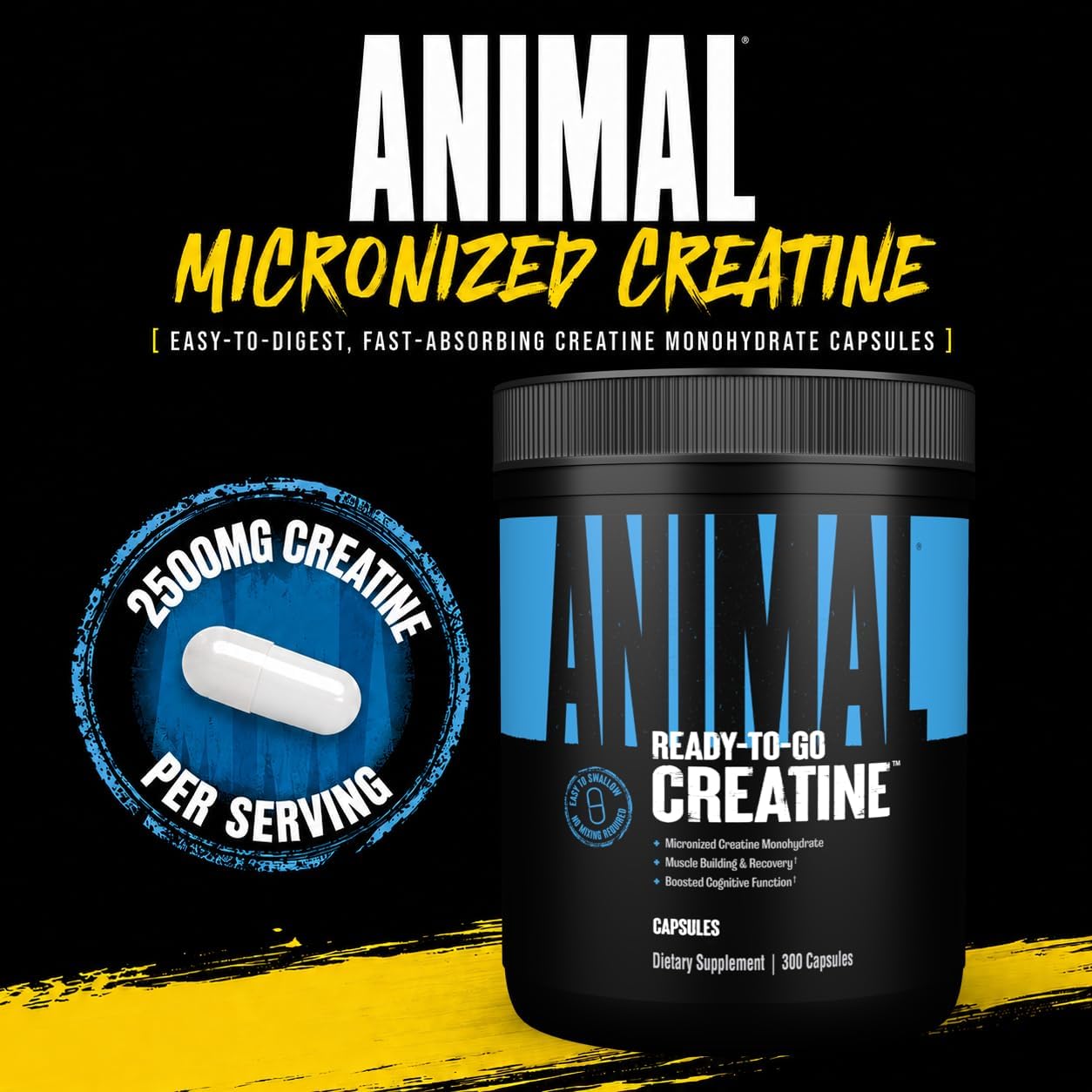 Animal Micronized Creatine Monohydrate Capsules - 300 Caps, 2500mg per Serving to Support Muscle Growth, Endurance, ATP Production, Cognitive Function, Strength, Recovery, and Delay Muscle Fatigue