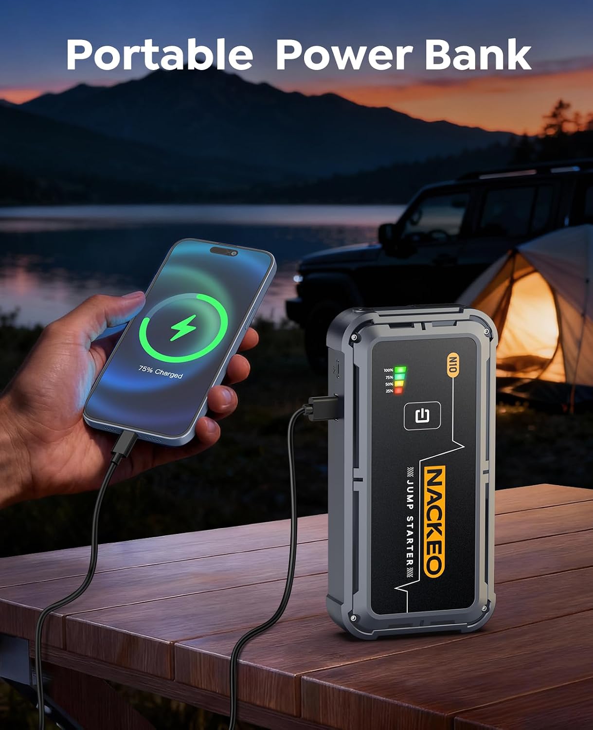 Portable Car Battery Jump Starter 5000A Car Jump Starter Battery Pack (9.0L Gas/8.5L Diesel), 12V Jump Box Car Battery Jumper Starter Portable Jumper Cables, Fast Charge, Lights, Compact