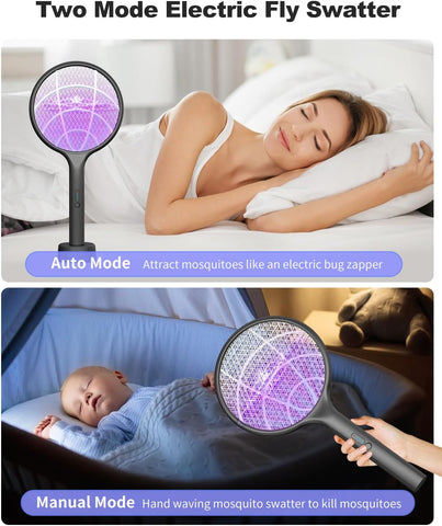 2Pack Electric Fly Swatter,4000V Bug Zapper Racket with 1500mah Battery Rechargeable,2 in 1 Fly Zapper & Purple Mosquito Killer Lamp with 3 Layers of Safety Net Suitable for Indoor and Outdoor Black