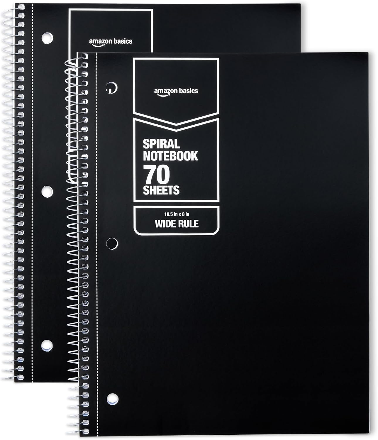 Amazon Basics Wide-Ruled Spiral Notebooks, 8" x 10-1/2", 70 Sheets, Black, 2-Pack