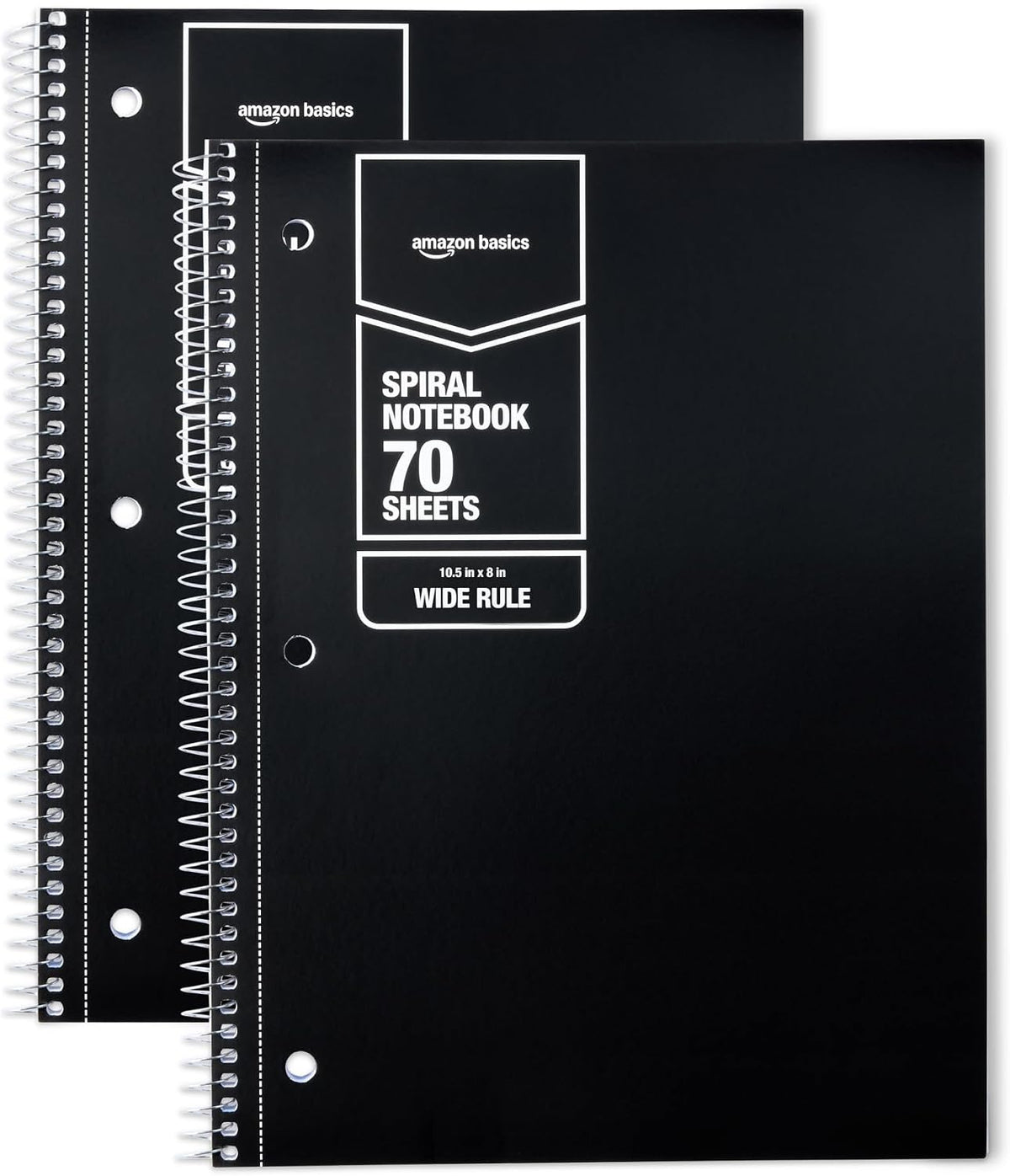 Amazon Basics Wide-Ruled Spiral Notebooks, 8" x 10-1/2", 70 Sheets, Black, 2-Pack
