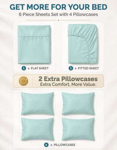 Casa Platino Split King Sheets Sets – 100% Cotton Split King Sheets Cooling with 4 Pillowcases, 15" Deep Pocket Fitted Sheet, Crisp & Smooth Feel, Ultra Soft & Cozy, Fit – Blue Sky