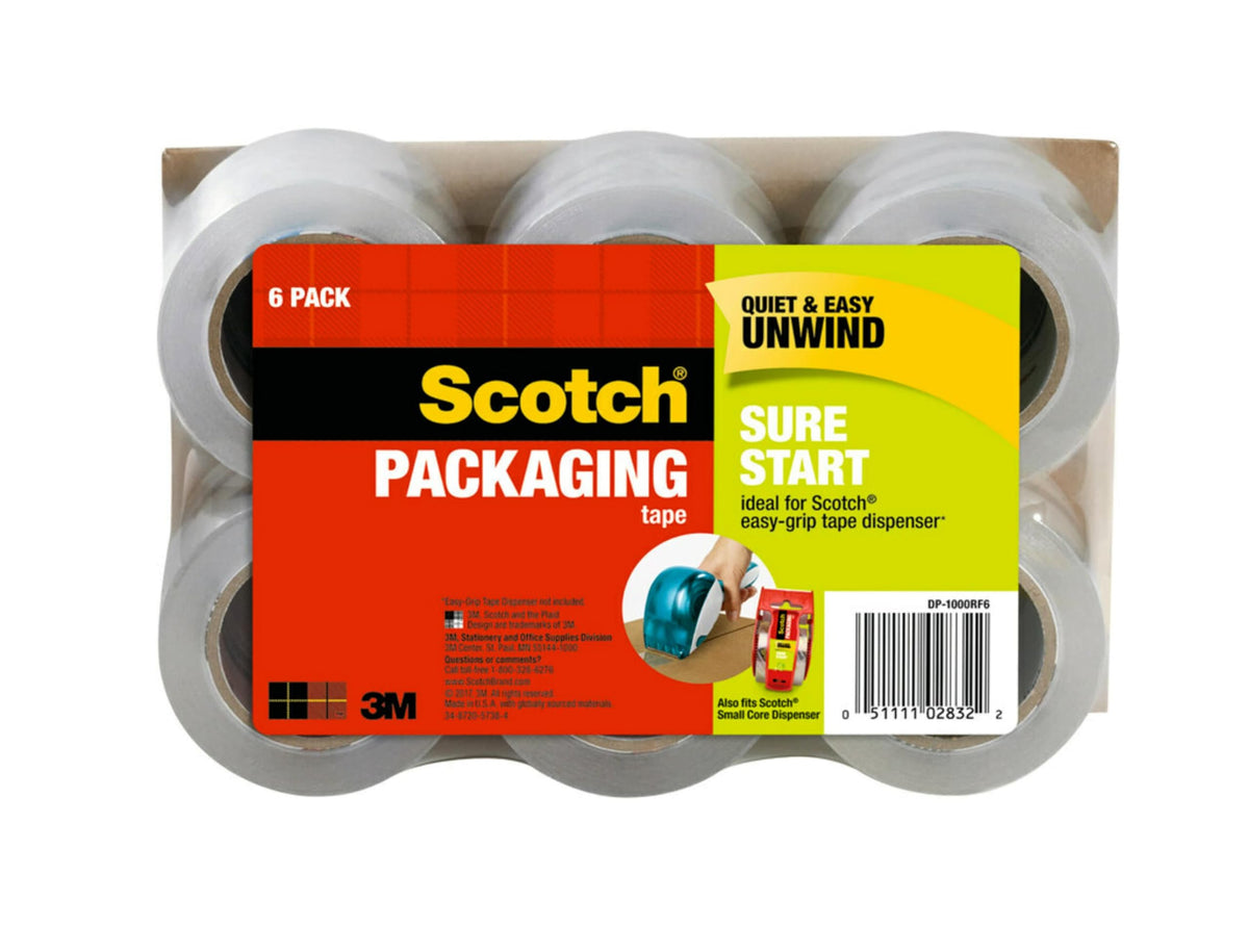 Scotch Sure Start Packing Tape, Clear, Quiet Unwind and Easy Start, Moving Supplies, 1.88 in. x 25 yd., 1.5 in. Core, 6 Tape Rolls