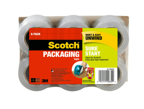 Scotch Sure Start Packing Tape, Clear, Quiet Unwind and Easy Start, Moving Supplies, 1.88 in. x 25 yd., 1.5 in. Core, 6 Tape Rolls