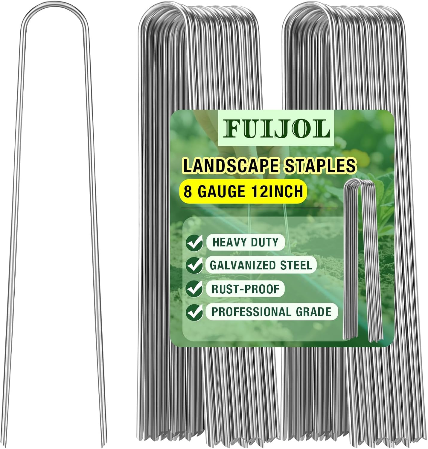 8 Gauge Landscape Staples, FUIJOL 12 Inch 15 25 50 100 Pack Heavy Duty U-Shaped Landscape Stakes, Galvanized Garden Staples for Weed Barrier Stakes, Ground Cover, Irrigation Tubing, Fence (25,12 Inch)