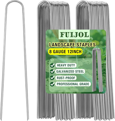 8 Gauge Landscape Staples, FUIJOL 12 Inch 15 25 50 100 Pack Heavy Duty U-Shaped Landscape Stakes, Galvanized Garden Staples for Weed Barrier Stakes, Ground Cover, Irrigation Tubing, Fence (25,12 Inch)