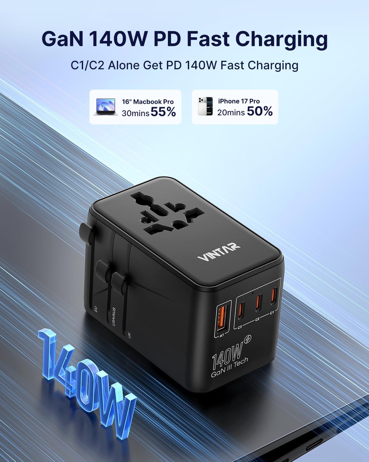 VINTAR Universal Travel Adapter, 140W GaN Fast Charger for EU UK US AU