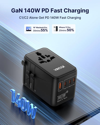 VINTAR Universal Travel Adapter, 140W GaN Fast Charger for EU UK US AU