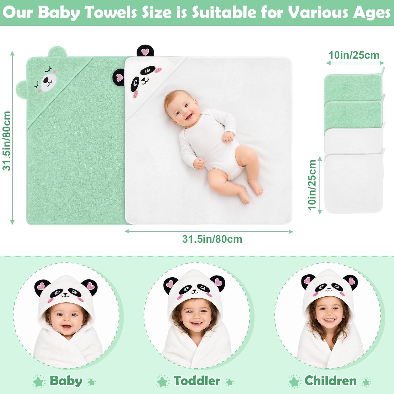 6 PCS Baby Bath Towels for Infants Toddlers Essentials, Green