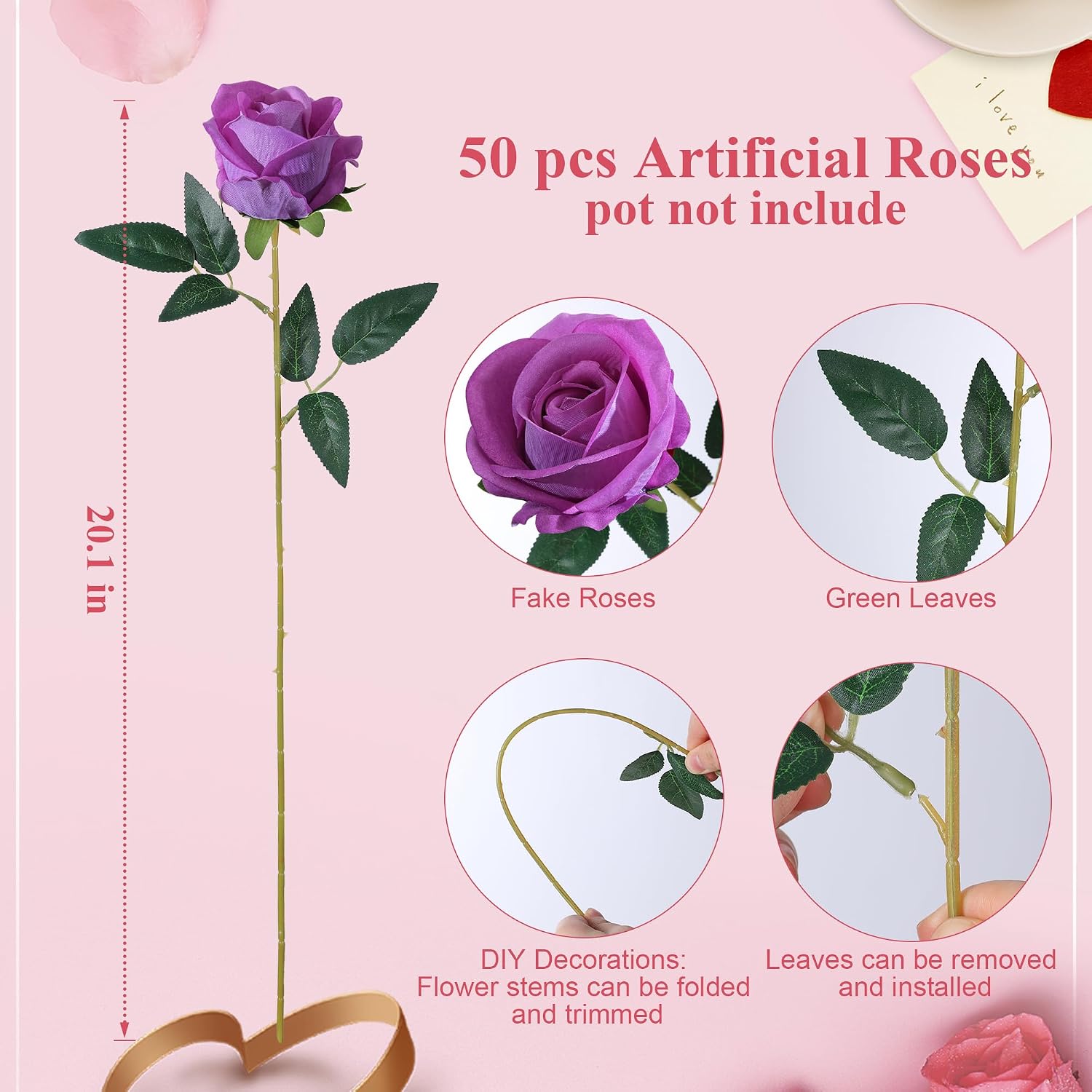 50 PCS Fuchsia Roses Artificial Flowers, Fake Roses with Stem Realistic Silk Roses for DIY Wedding Bouquets Table Centerpieces Arrangements Baby Shower Birthday Home Decor Valentine's Day Gift for Her
