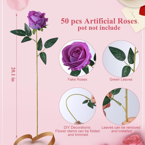 50 PCS Fuchsia Roses Artificial Flowers, Fake Roses with Stem Realistic Silk Roses for DIY Wedding Bouquets Table Centerpieces Arrangements Baby Shower Birthday Home Decor Valentine's Day Gift for Her