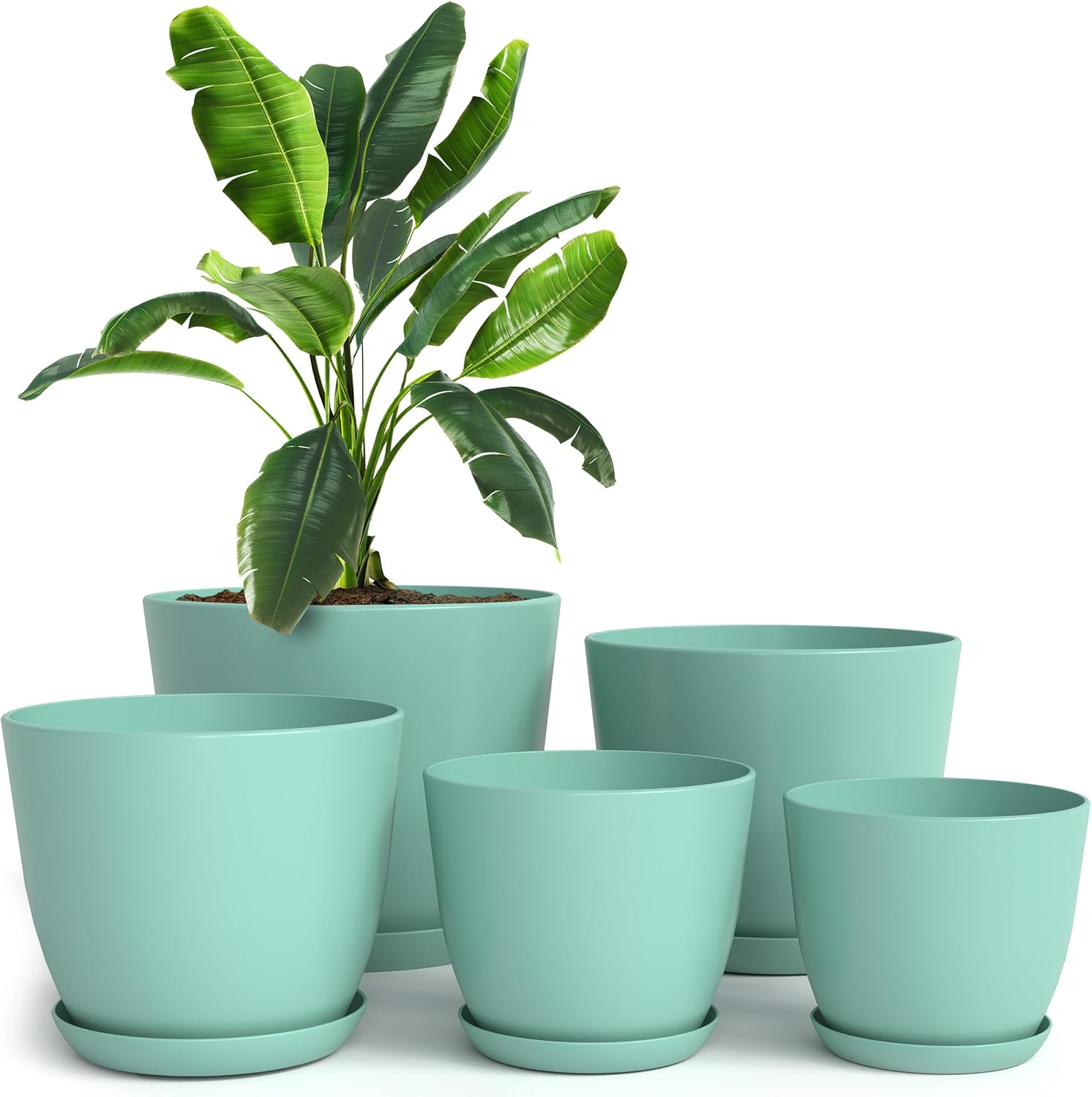 Plant Pots Indoor with Drainage, 5 Pack Multi-Size Planters Set, Aqua