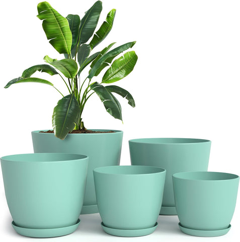 Plant Pots Indoor with Drainage, 5 Pack Multi-Size Planters Set, Aqua