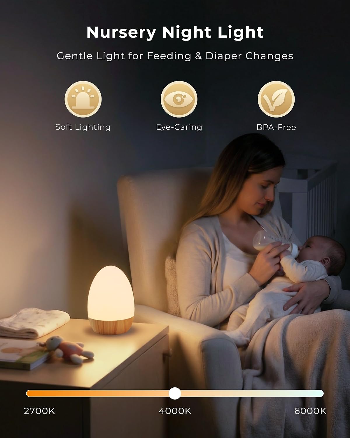 Night Light for Baby Nursery, Rechargeable Touch Egg Light with 17 Color Modes, Stepless Dimmable Baby Night Light for Breastfeeding & Kids Bedroom (Beech-1P)