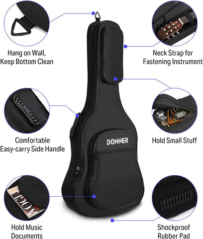 Donner 36 Inch Acoustic Guitar Case, 0.4 Inch Thick Padding Soft Gig Bag