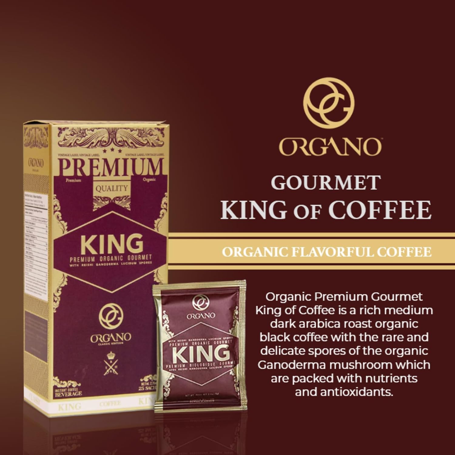 ORGANO King of Coffee, 100% Certified Ganoderma Lucidum (25 Sachets)