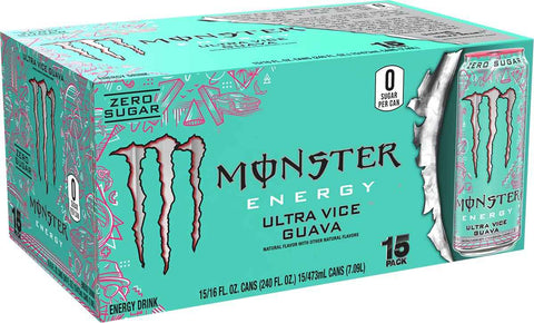 Monster Energy Ultra Vice Guava, Sugar Free Energy Drink, 16 Ounce (Pack of 15) | Pack of 15