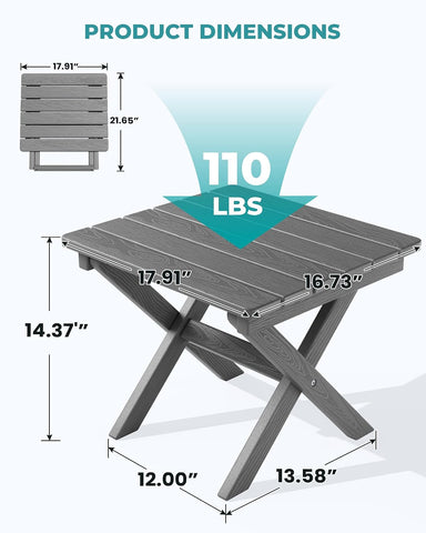 SERWALL Small Folding Side Table, HDPE Outdoor End Table, Gray