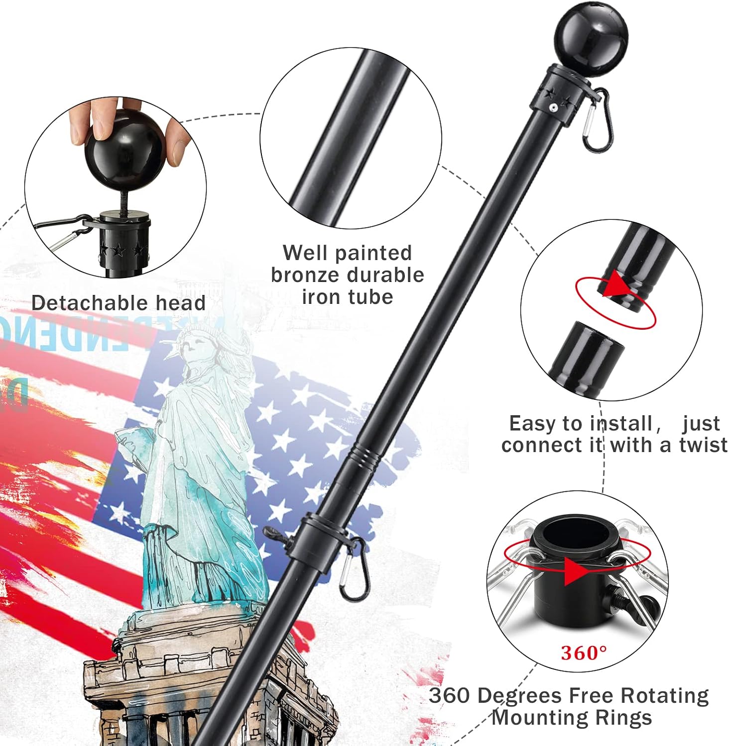 House Flag Pole With American Flag - Flagpoles Residential Kit with 5ft Tangle Free Metal Flag Pole,3x5 Embroidered US Flag,Holder Bracket,Heavy Duty Flag Poles for Outside House,Porch,Outdoor-Black