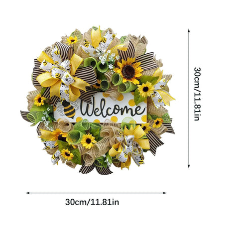 Sunflower Farmhouse Bee Wreath for Front Door, Sunflower Wreath Autumn Rustic Farmhouse Reef Outdoor Summer Gifts Home Yellow Floral Butterfly Bumble Garland