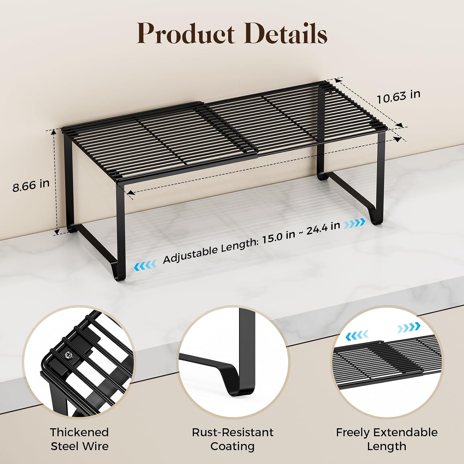 Extendable Metal Wire Shelf Organizer - Adjustable 15-24.4in Length, Stackable Storage Rack for Kitchen/Pantry/Bathroom/Shoe Cabinet/Tool Closet (1,Black)