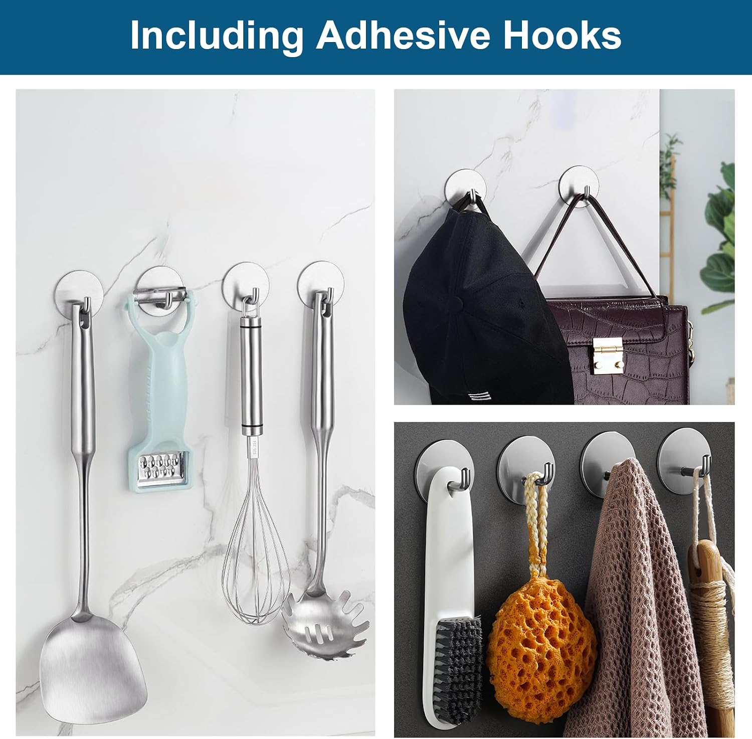 Diesisa Razor Holder for Shower + Adhesive Wall Hooks, Premium 304 Stainless Steel Shower Razor Holder with Heavy Duty Waterproof Sticky Hooks for Hanging Towels, Coat, hat (2+2 Pack)