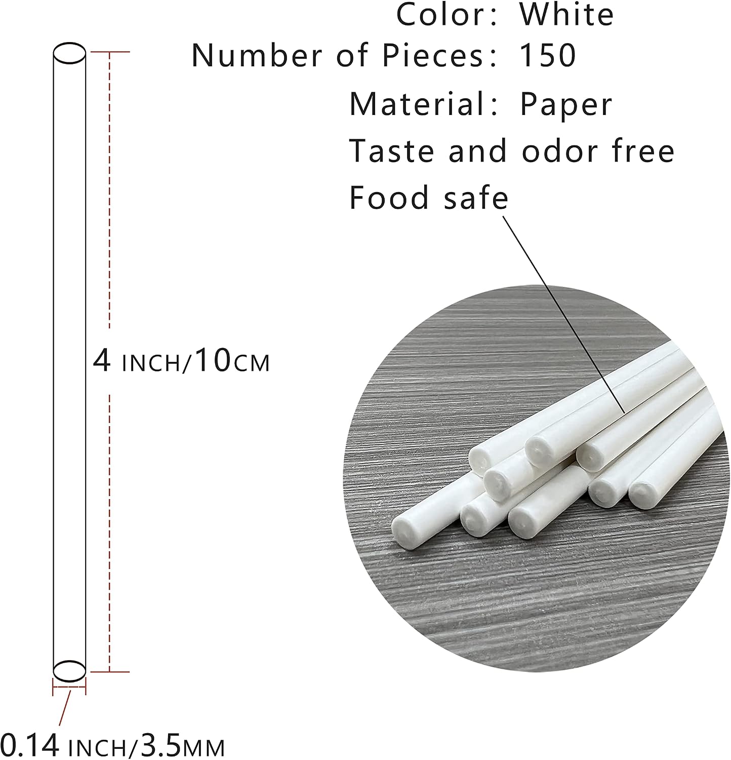 150 Count 4 INCH White Paper Lollipop Sticks,Cake Pop Sticks,Sucker Sticks for Cookies,Rainbow Candy,Chocolate,Cake Topper(Dia 3.5mm)