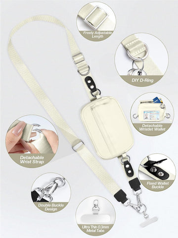 Tiostep Clip and Go Strap for Phone with Wallet Crossbody Phone Lanyard Adjustable and Detachable RFID Wristlet Wallet (Beige, Medium)