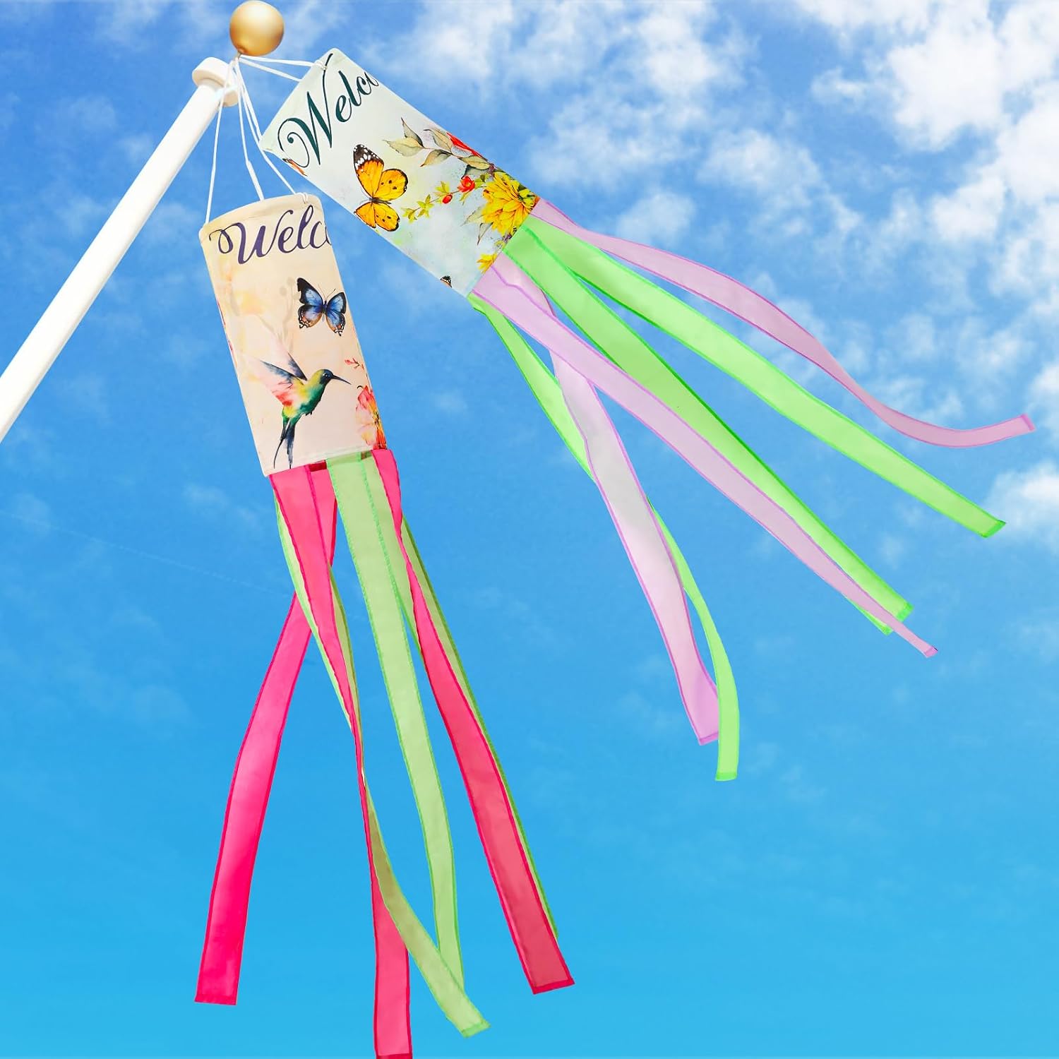 NOVWANG Spring Windsock, 2 Pcs 40 Inches Wind Socks for Outside, Hummingbird Butterfly Windsock Outdoor Decor Windsock Flag Hanging Decor for Wall Tree Patio Lawn Gard