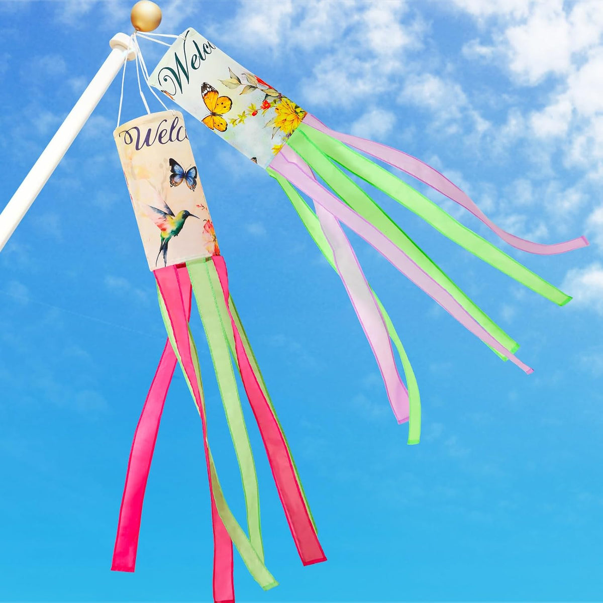NOVWANG Spring Windsock, 2 Pcs 40 Inches Wind Socks for Outside, Hummingbird Butterfly Windsock Outdoor Decor Windsock Flag Hanging Decor for Wall Tree Patio Lawn Gard