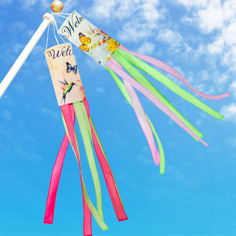 NOVWANG Spring Windsock, 2 Pcs 40 Inches Wind Socks for Outside, Hummingbird Butterfly Windsock Outdoor Decor Windsock Flag Hanging Decor for Wall Tree Patio Lawn Gard