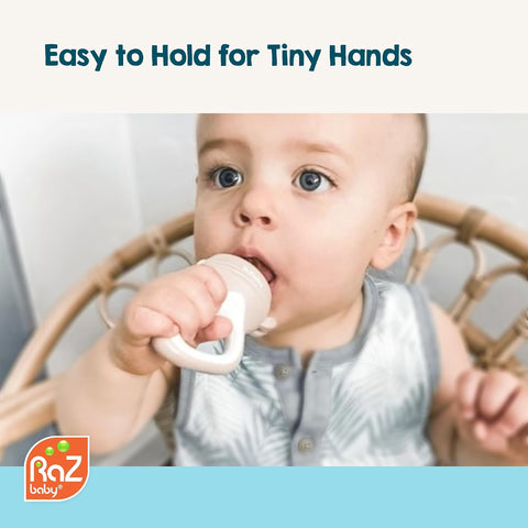 RaZbaby Baby Solids/Frozen Fruit Feeder Pacifier, Infant Teether Toy 6M+, BPA-Free Silicone Pouch & Nipple, Safely Introduce Solids, Natural Teething Relief, Dishwasher Safe, Freezable – Orange/Blue