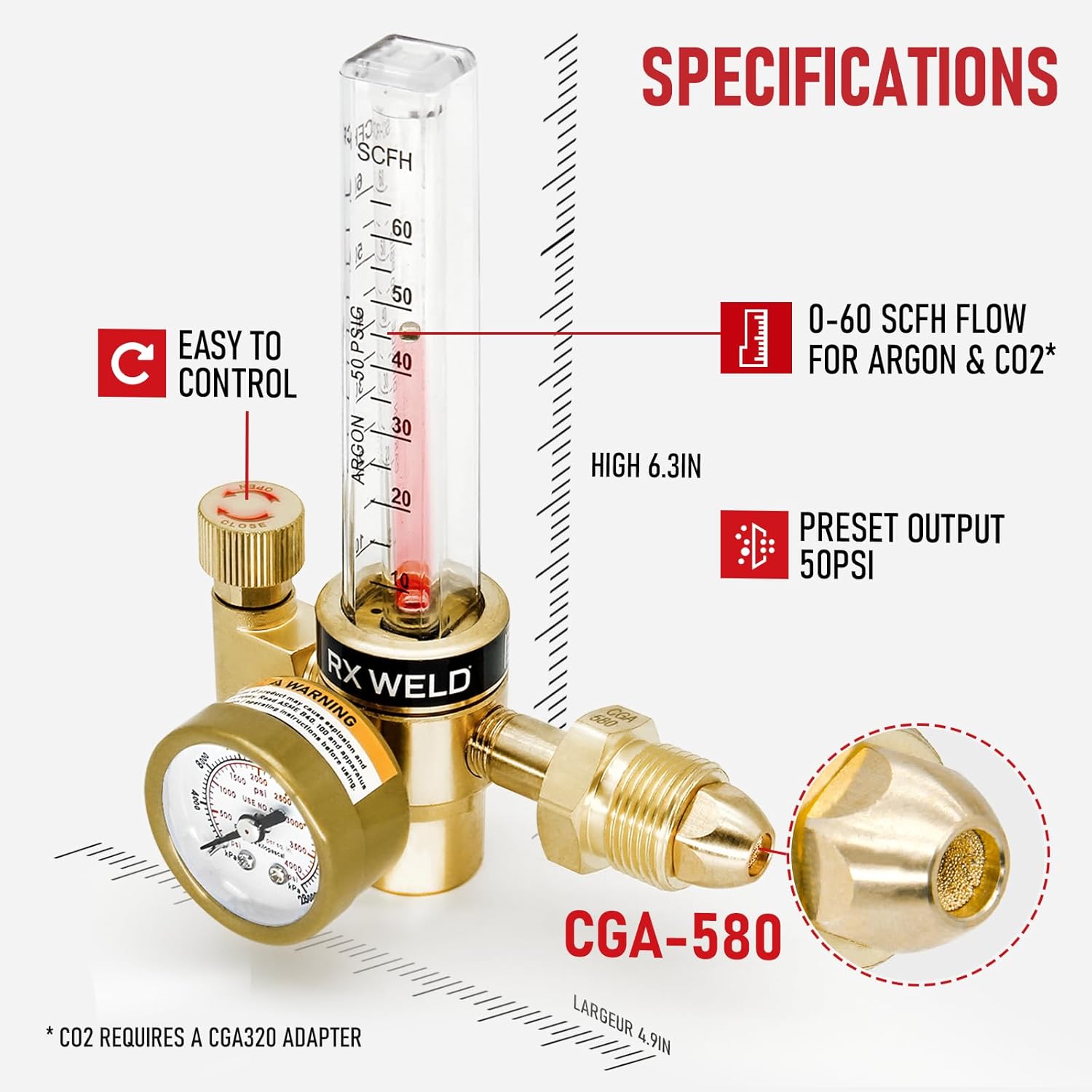 RX WELD Argon Regulator for MIG TIG Weld, CGA580