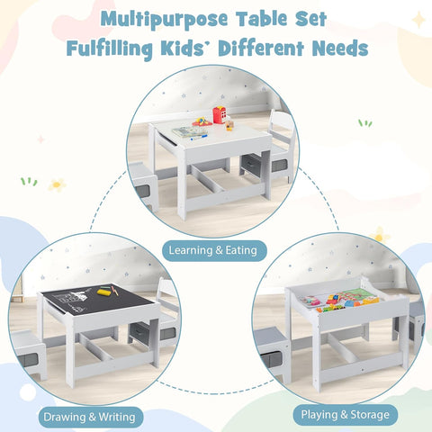 GLACER Kids Table and Chairs, 3 in 1 Wooden Activity Table with Storage, Reversible Tabletop, Chalkboard for Crafts, Drawing, Reading, Toddler Table and Chair Set for Playroom, Easy to Clean(Grey)