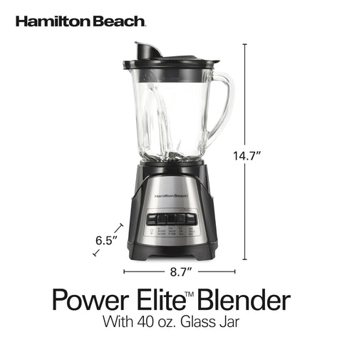 Hamilton Beach Power Elite Wave Action Blender For Shakes and Smoothies, 40 Oz Glass Jar, 12 Functions Including Puree, Crush Ice, Black, 700 Watts, Black (58148A)