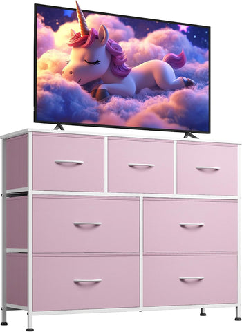 WLIVE Dresser for Bedroom, 7 Drawers, TV Stand, A-Pink