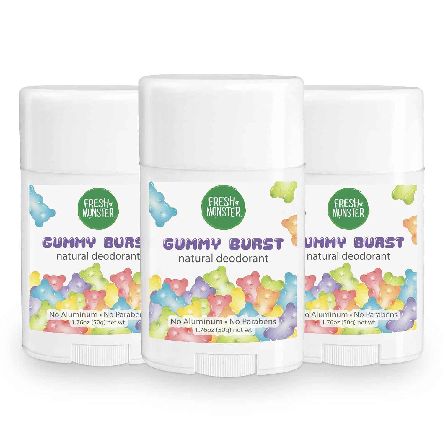 Fresh Monster Kids Natural Deodorant, Gummy Burst, 1.76 oz 3-Pack | Baking Soda & Tapioca Starch, Aluminum-Free, Paraben-Free and Hypoallergenic, Dermatologist Tested, 24-Hour Protection