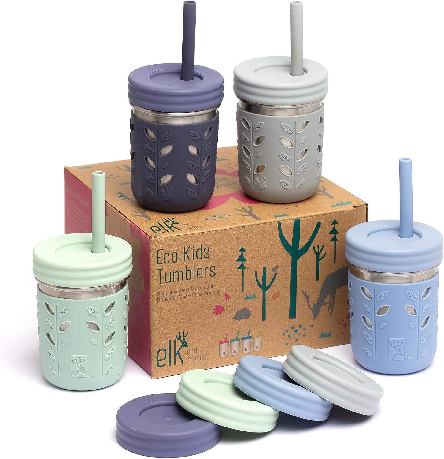 Elk and Friends Kids 10oz Stainless Steel Mason Jars + Sleeves + Lids | 4pk
