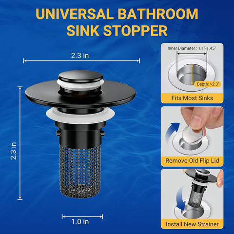 Bathroom Sink Drain Strainer, Pop-Up Bathroom Sink Stopper with Removable Stainless Steel Hair Catcher Basket, Universal Fit for US Bathroom Sinks, Showers & Floor Drains (1pcs-Black)