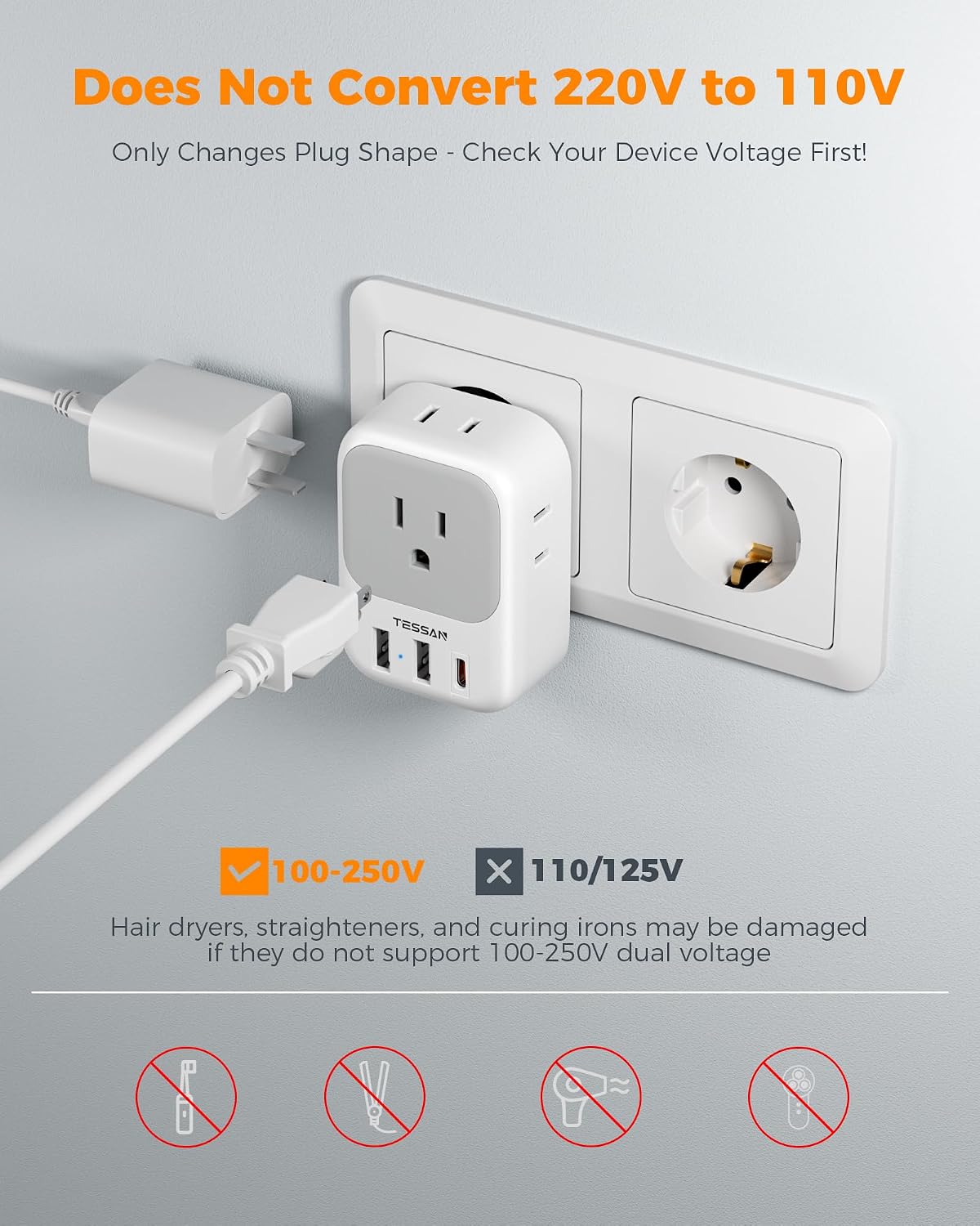 TESSAN European Travel Plug Adapter 3 Pack, US to Europe Plug Adapter
