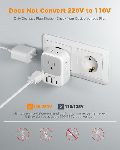 TESSAN European Travel Plug Adapter 3 Pack, US to Europe Plug Adapter