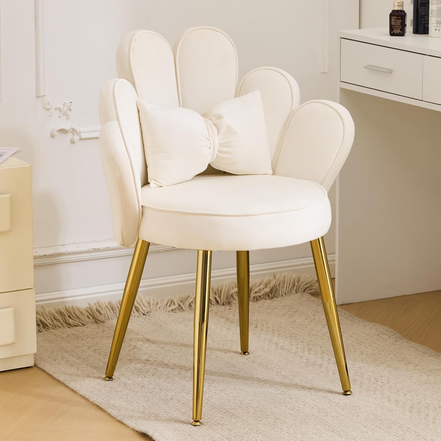 VINGLI Petal Makeup Vanity Chair with Back,Flower Cute Girls Desk Chair Comfy No Wheels,Modern Dining Chair,Small Accent Chair with Adustable Gold Legs&Bow Pillow for Home Office,Bedroom,Velvet,White