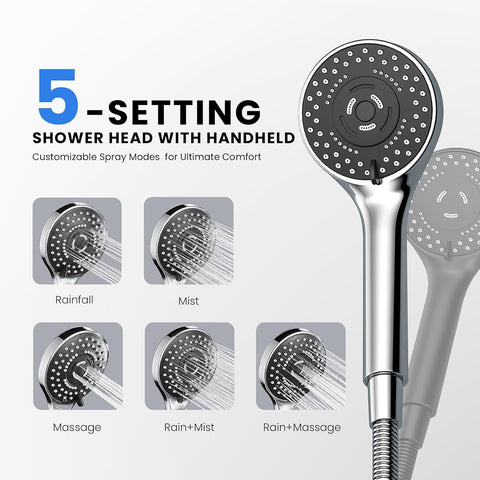 Chrome Rain Shower Head with Handheld Shower Head, 5 Spray Modes