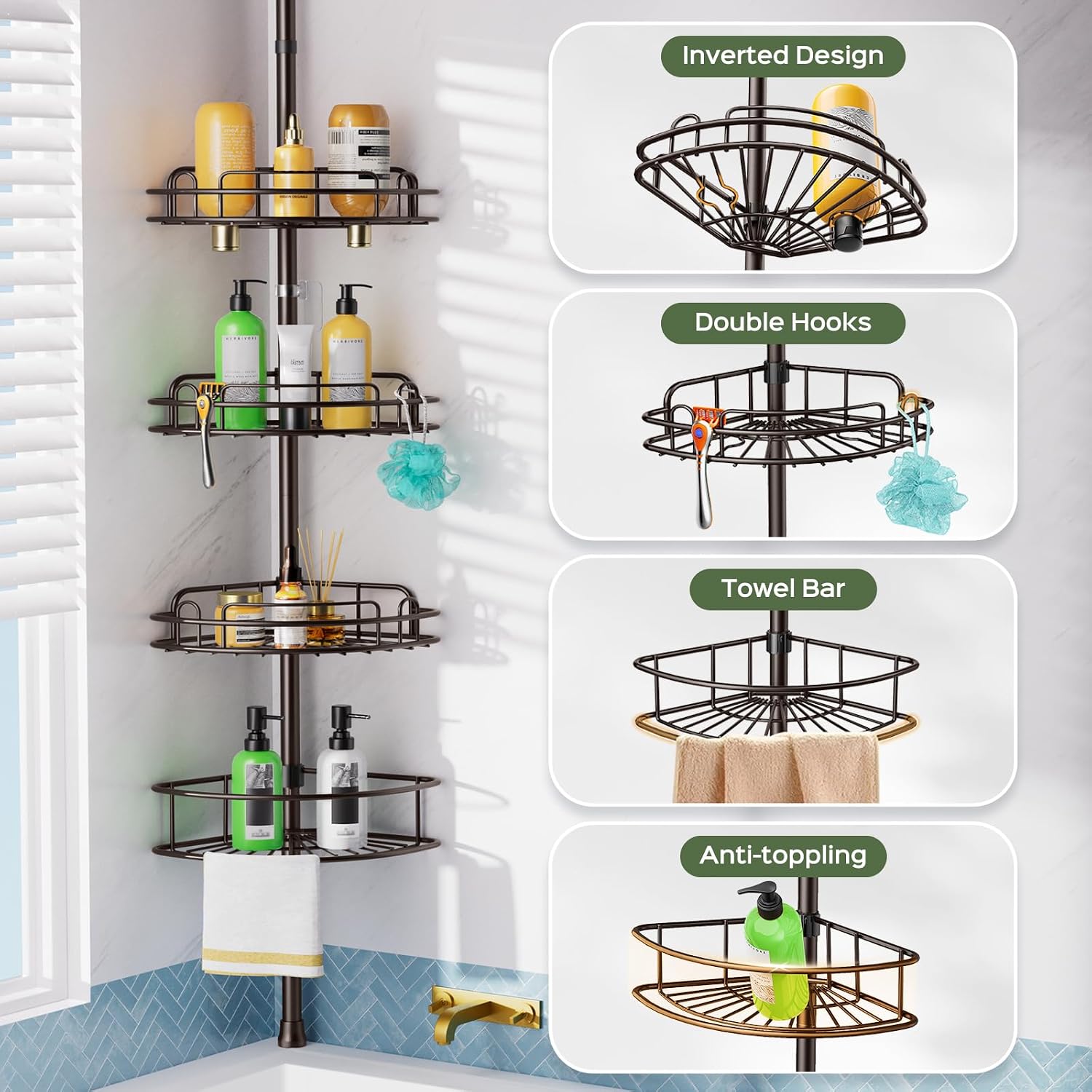 HAMITOR Corner Shower Caddy Tension Pole: No-Drill Rustproof Bathroom Shelf