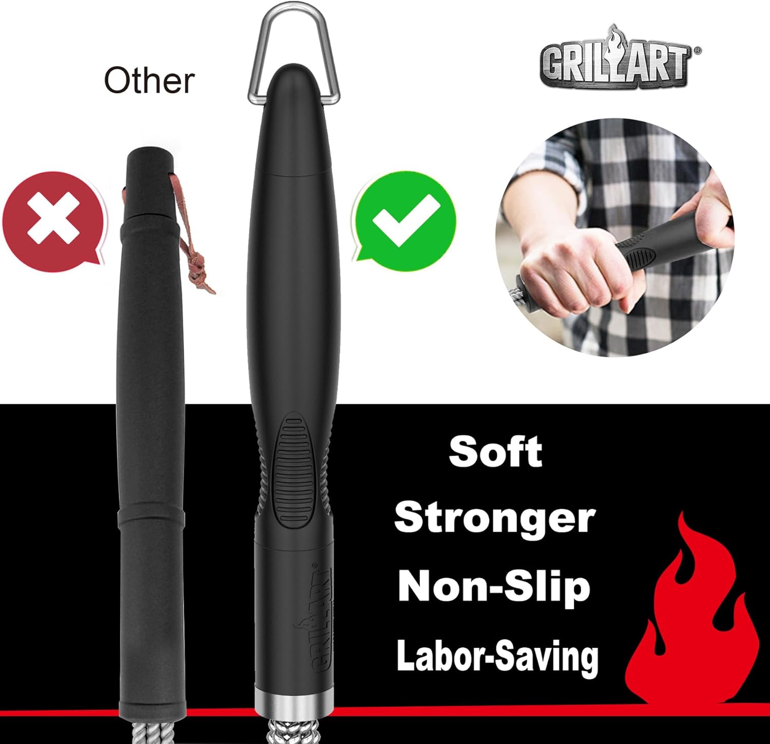GRILLART Grill Brush, 18'' Extra-Strong Handle, BBQ Cleaner with Scraper