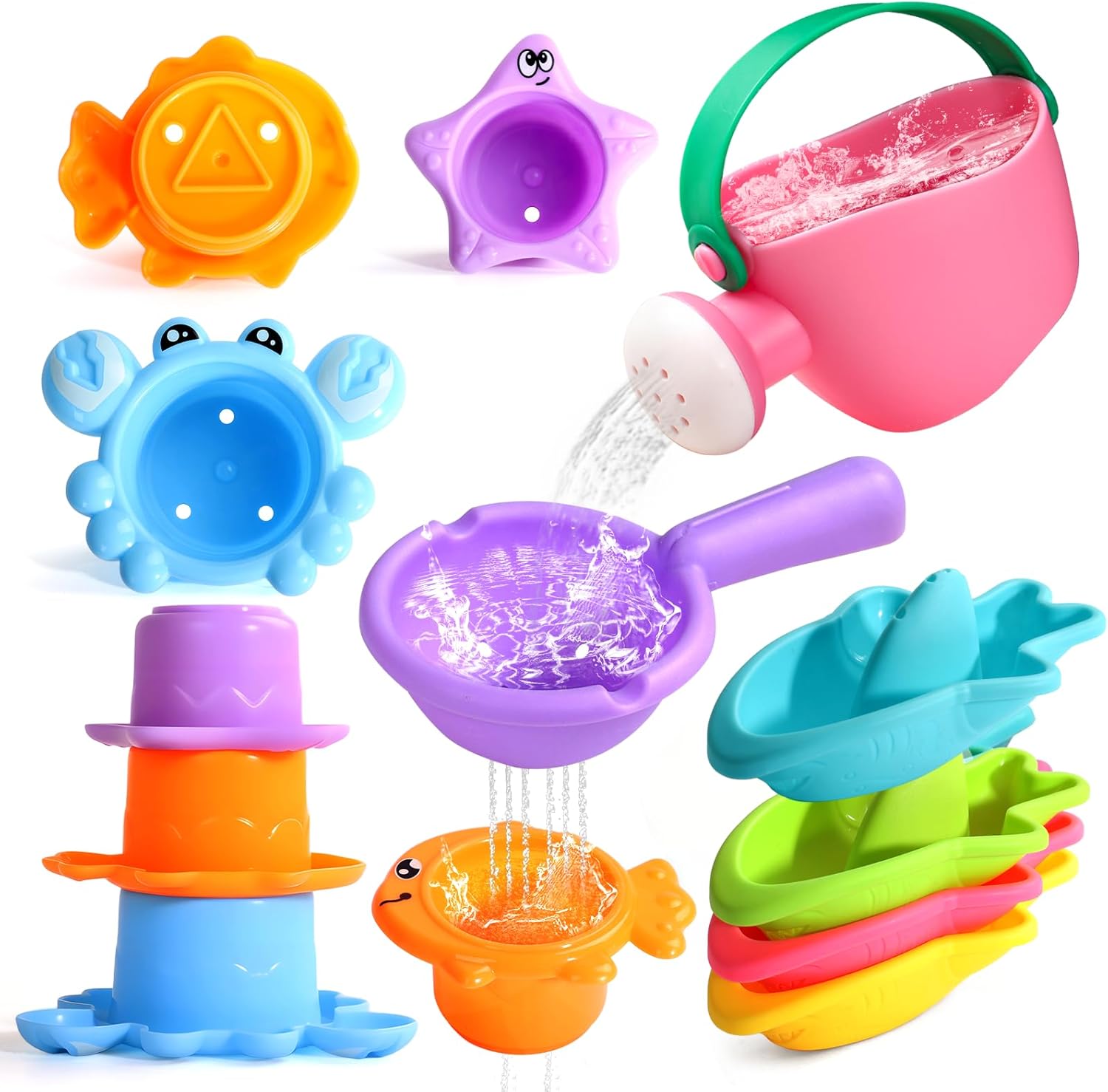 Fajiabao Toddler Bath Toys for Kids Ages 1-3 Stack, Scoop & Pour Set 9PCS