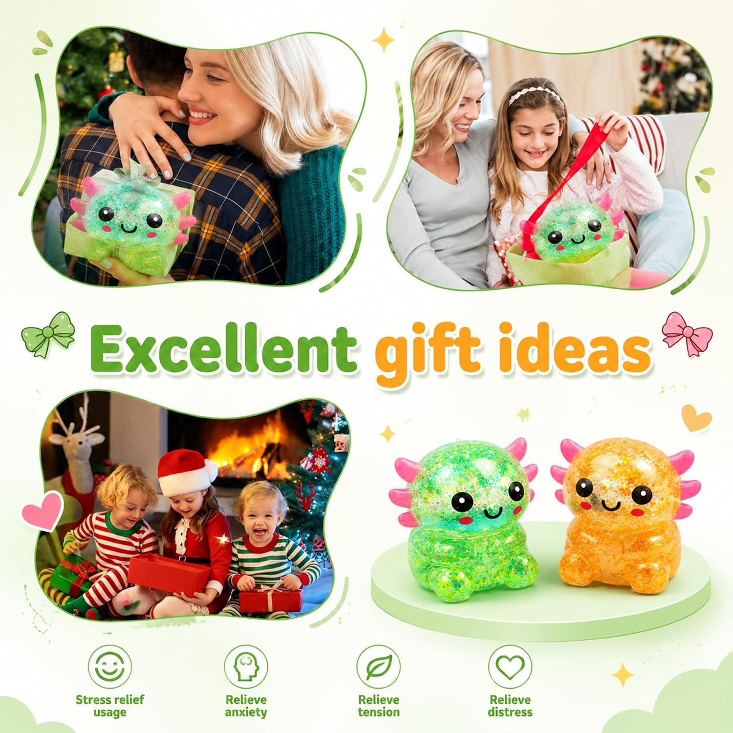 2 Packs Axolotl Squishy Toy, Glitter Fidget Toys Cute Axolotl Stress Relief Squeeze Toy Gifts for Kids Adult, Squishies Toys，orangegreen