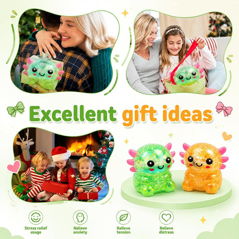 2 Packs Axolotl Squishy Toy, Glitter Fidget Toys Cute Axolotl Stress Relief Squeeze Toy Gifts for Kids Adult, Squishies Toys，orangegreen